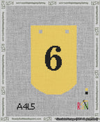 A taped needlepoint canvas with the design: Banner 13 mesh count Curved 6 Black on Yellow.