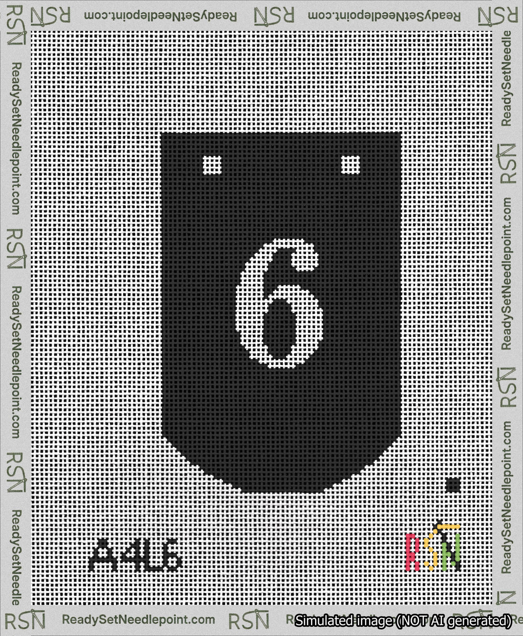 A taped needlepoint canvas with the design: Banner 13 mesh count Curved 6 White on Black.