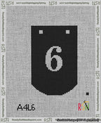 A taped needlepoint canvas with the design: Banner 13 mesh count Curved 6 White on Black.