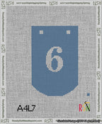 A taped needlepoint canvas with the design: Banner 13 mesh count Curved 6 White on Blue.