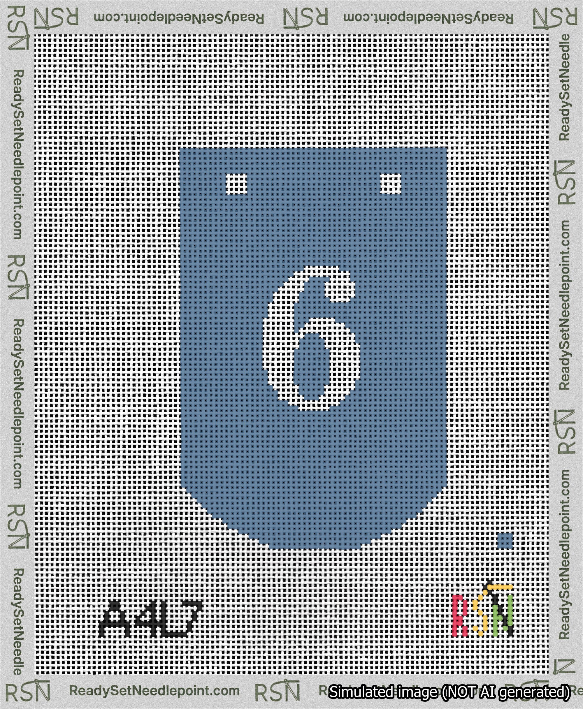 A taped needlepoint canvas with the design: Banner 13 mesh count Curved 6 White on Blue.