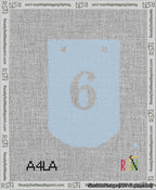 A taped needlepoint canvas with the design: Banner 13 mesh count Curved 6 White on Light Blue.