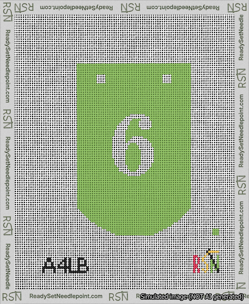 A taped needlepoint canvas with the design: Banner 13 mesh count Curved 6 White on Light Green.