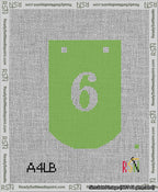 A taped needlepoint canvas with the design: Banner 13 mesh count Curved 6 White on Light Green.