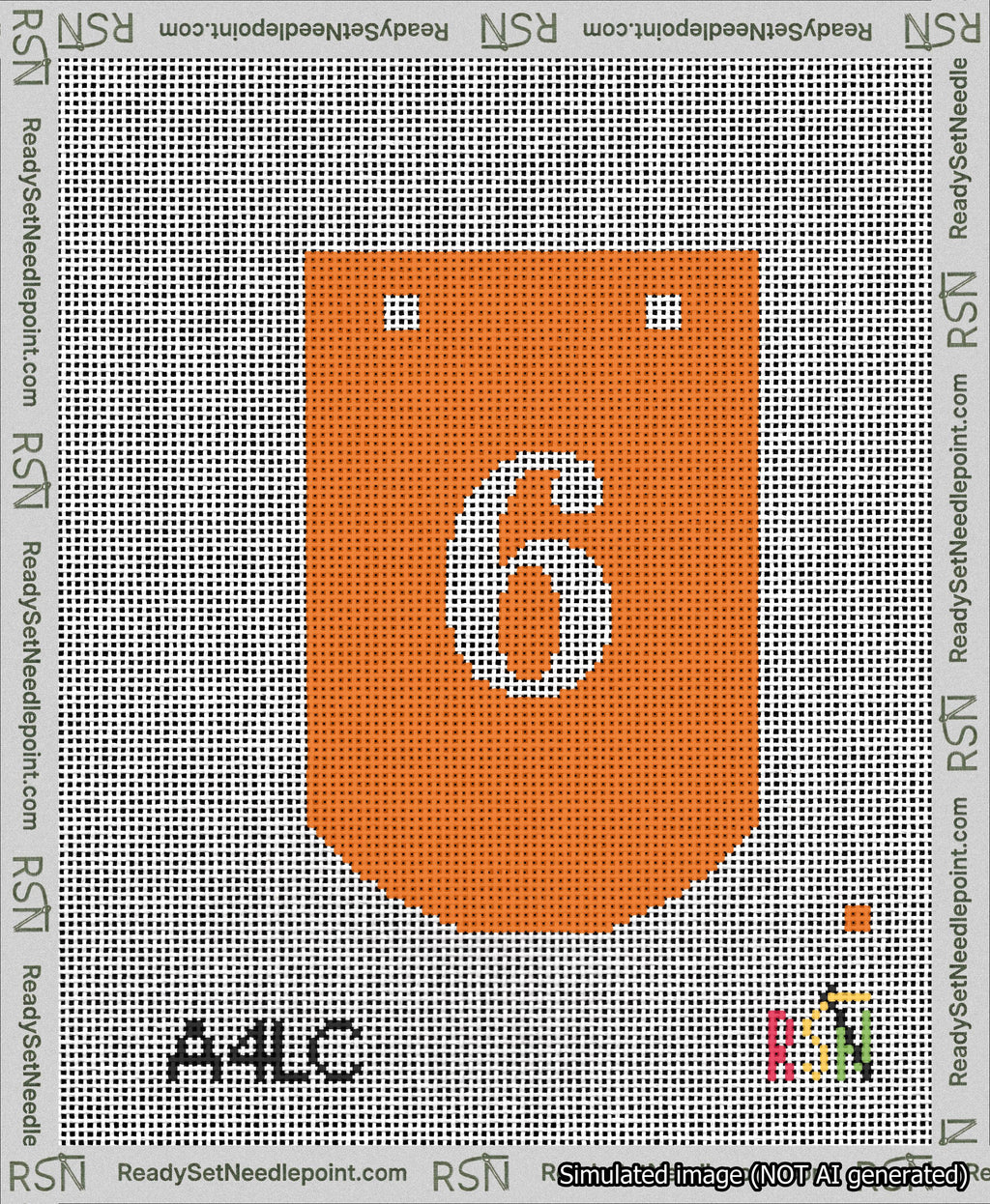 A taped needlepoint canvas with the design: Banner 13 mesh count Curved 6 White on Orange.