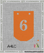 A taped needlepoint canvas with the design: Banner 13 mesh count Curved 6 White on Orange.