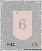 A taped needlepoint canvas with the design: Banner 13 mesh count Curved 6 White on Pink.