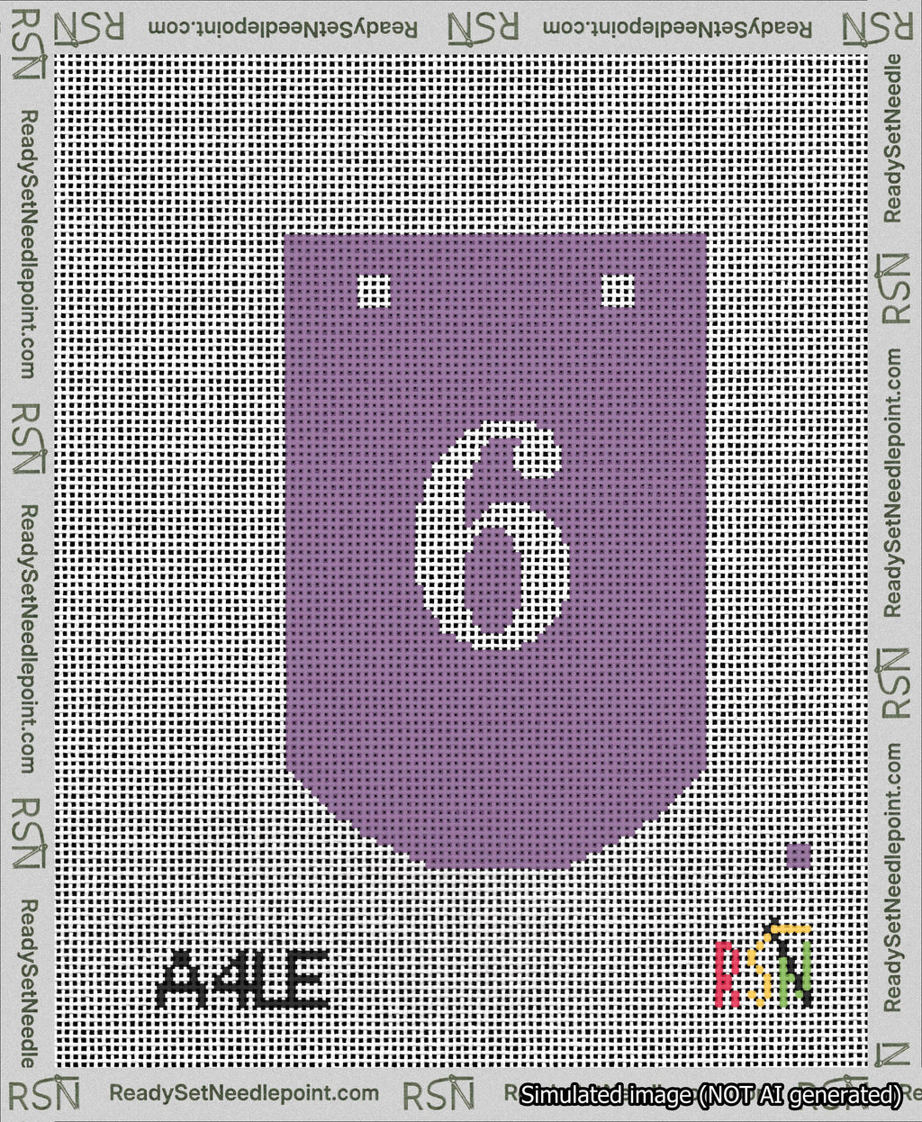 A taped needlepoint canvas with the design: Banner 13 mesh count Curved 6 White on Purple.