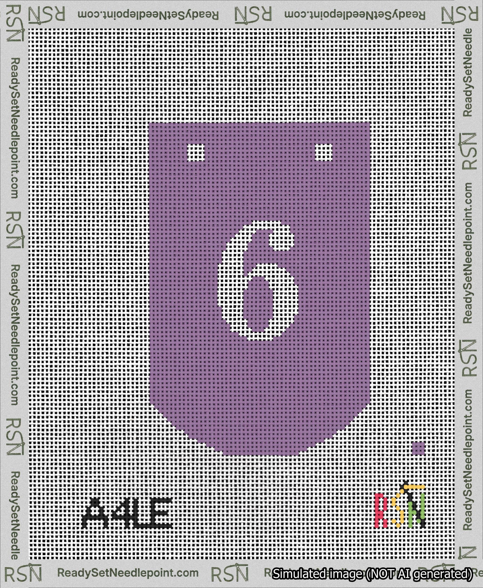 A taped needlepoint canvas with the design: Banner 13 mesh count Curved 6 White on Purple.