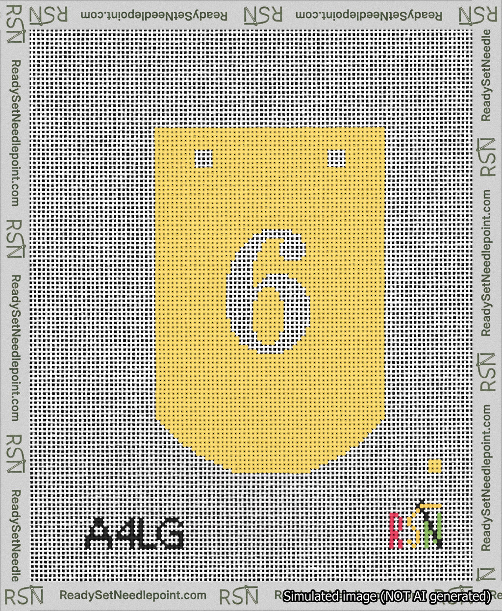 A taped needlepoint canvas with the design: Banner 13 mesh count Curved 6 White on Yellow.