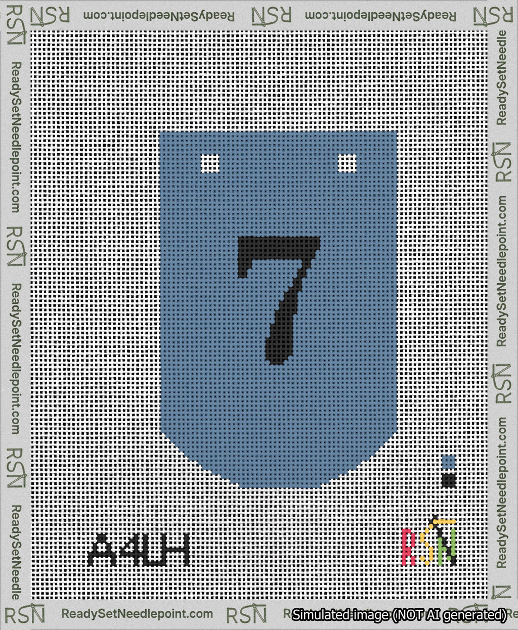 A taped needlepoint canvas with the design: Banner 13 mesh count Curved 7 Black on Blue.