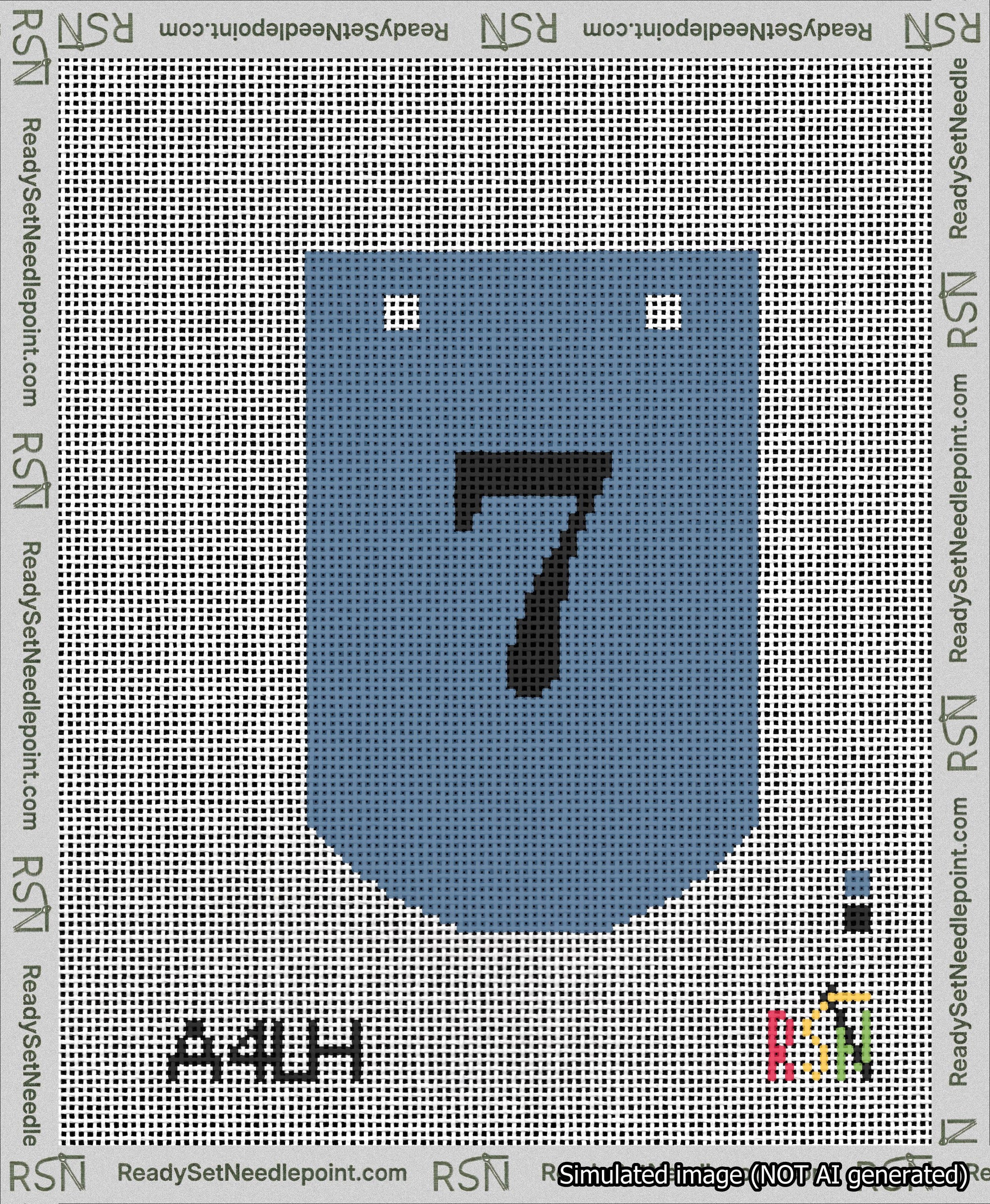 A taped needlepoint canvas with the design: Banner 13 mesh count Curved 7 Black on Blue.