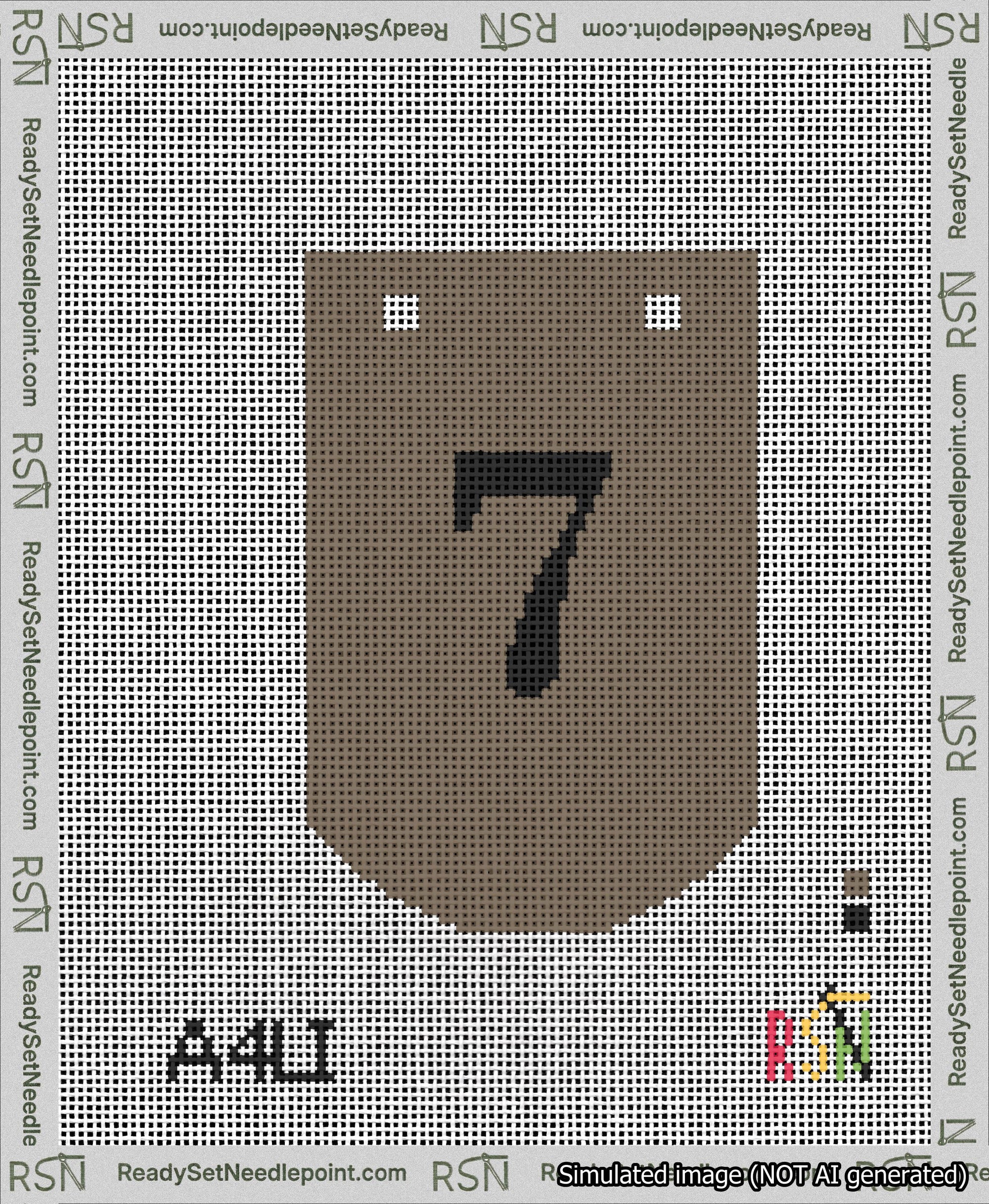 A taped needlepoint canvas with the design: Banner 13 mesh count Curved 7 Black on Brown.