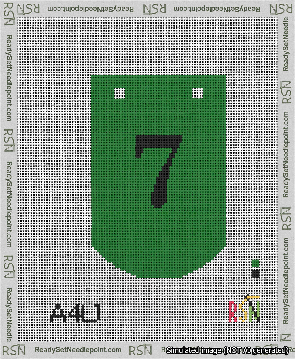 A taped needlepoint canvas with the design: Banner 13 mesh count Curved 7 Black on Green.