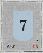 A taped needlepoint canvas with the design: Banner 13 mesh count Curved 7 Black on Light Blue.