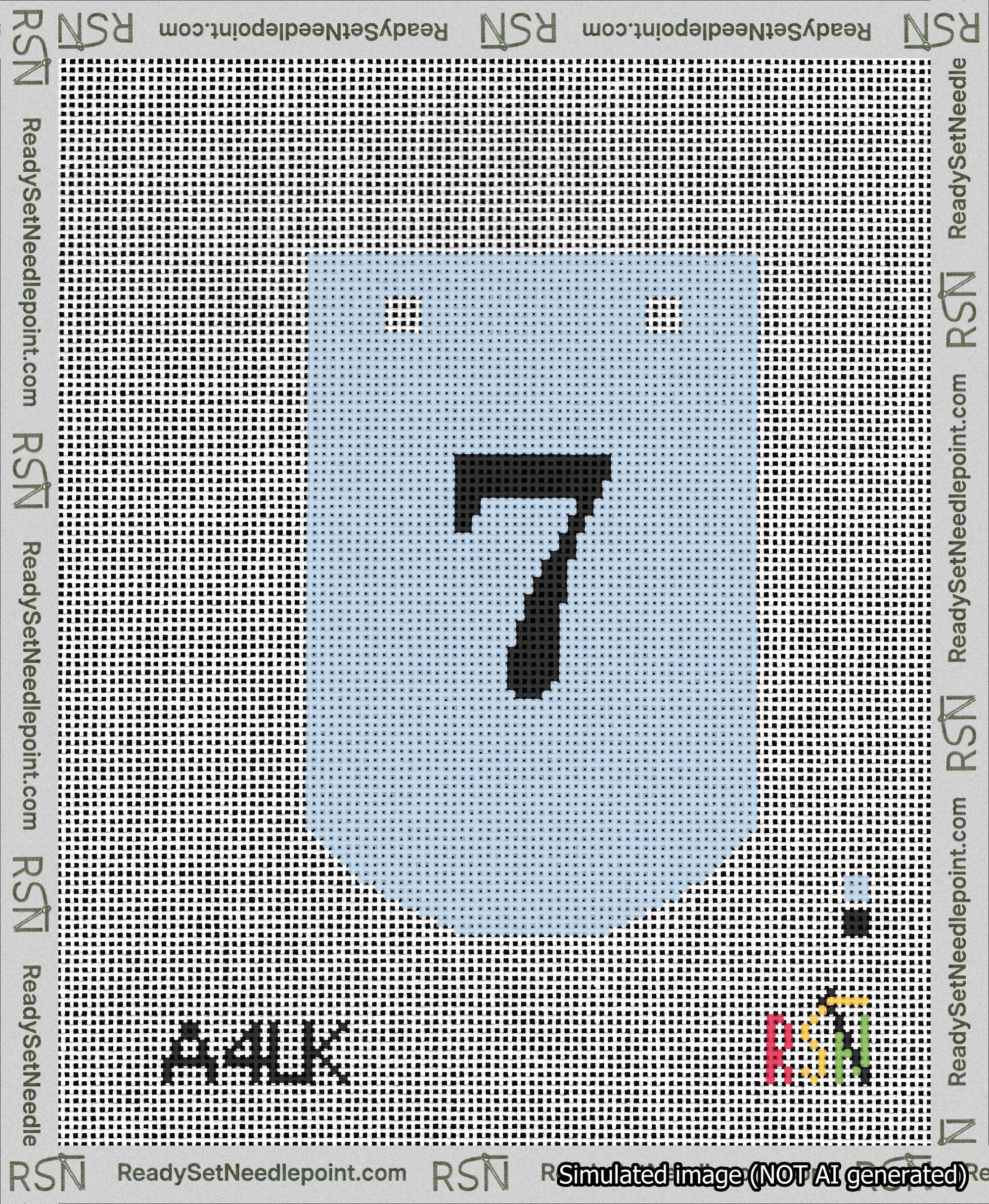A taped needlepoint canvas with the design: Banner 13 mesh count Curved 7 Black on Light Blue.