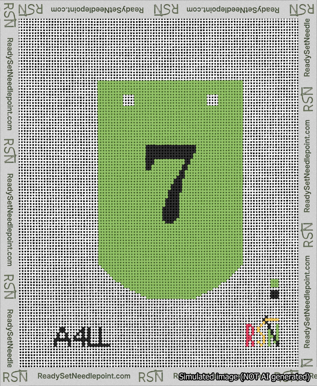 A taped needlepoint canvas with the design: Banner 13 mesh count Curved 7 Black on Light Green.