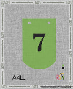 A taped needlepoint canvas with the design: Banner 13 mesh count Curved 7 Black on Light Green.