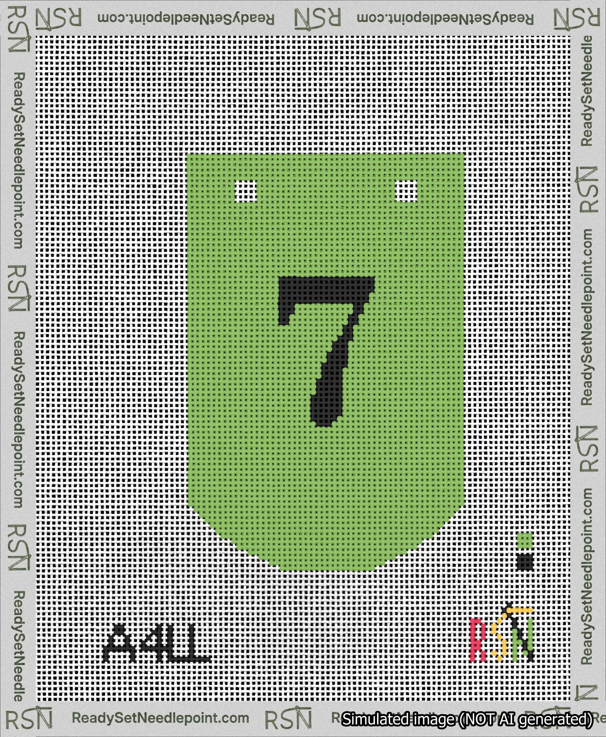 A taped needlepoint canvas with the design: Banner 13 mesh count Curved 7 Black on Light Green.