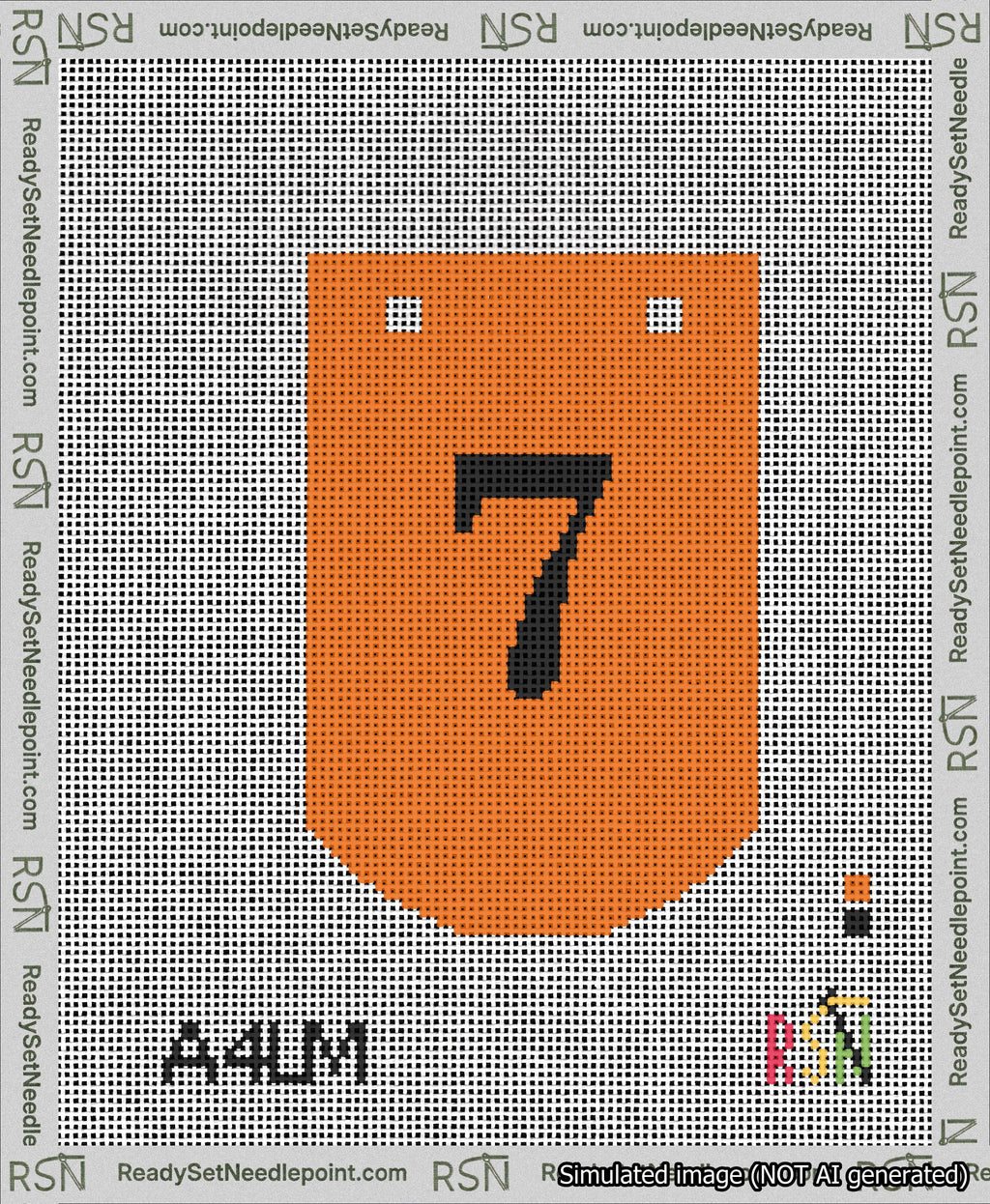A taped needlepoint canvas with the design: Banner 13 mesh count Curved 7 Black on Orange.