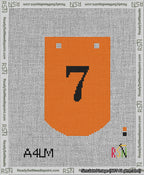 A taped needlepoint canvas with the design: Banner 13 mesh count Curved 7 Black on Orange.