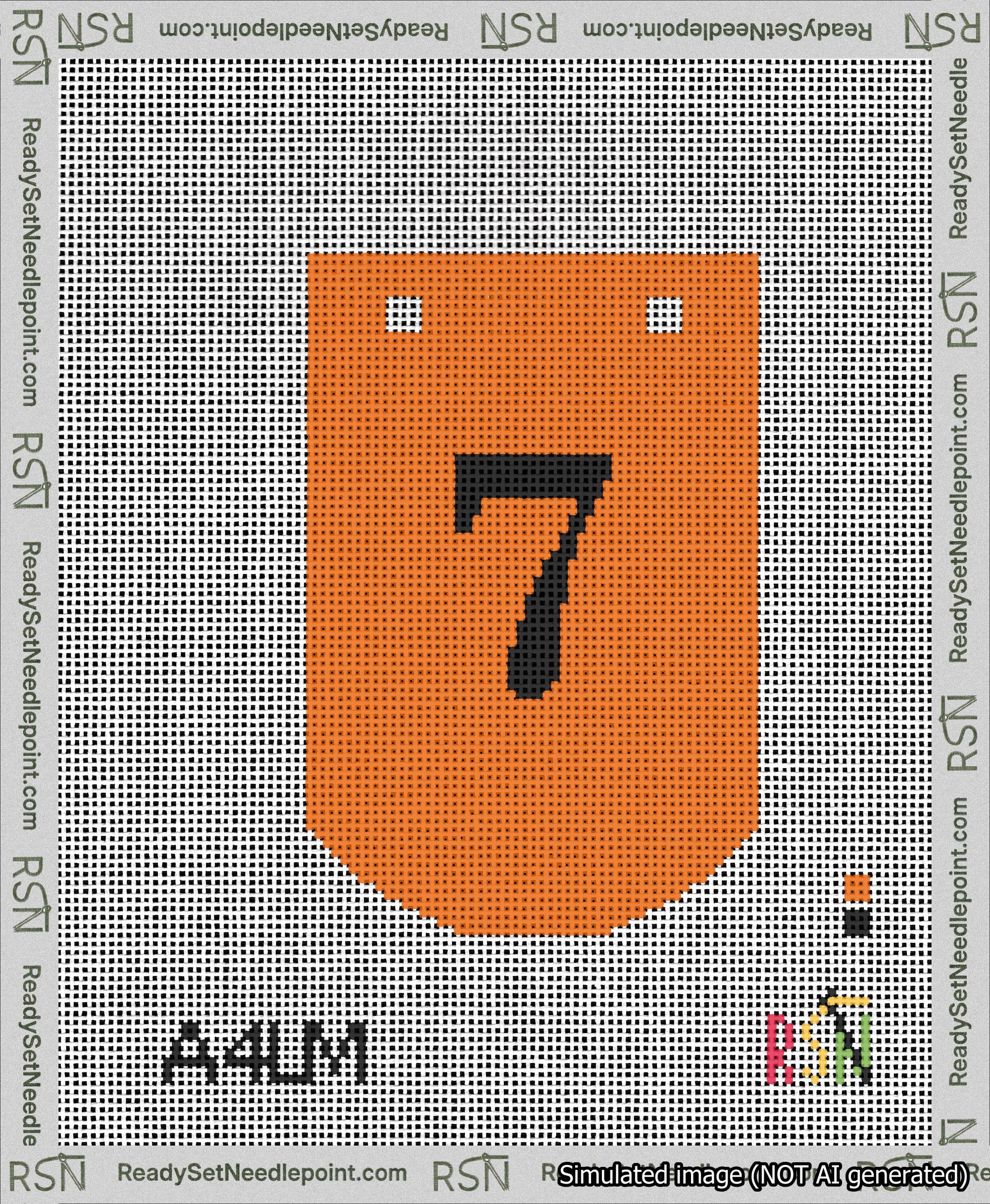 A taped needlepoint canvas with the design: Banner 13 mesh count Curved 7 Black on Orange.