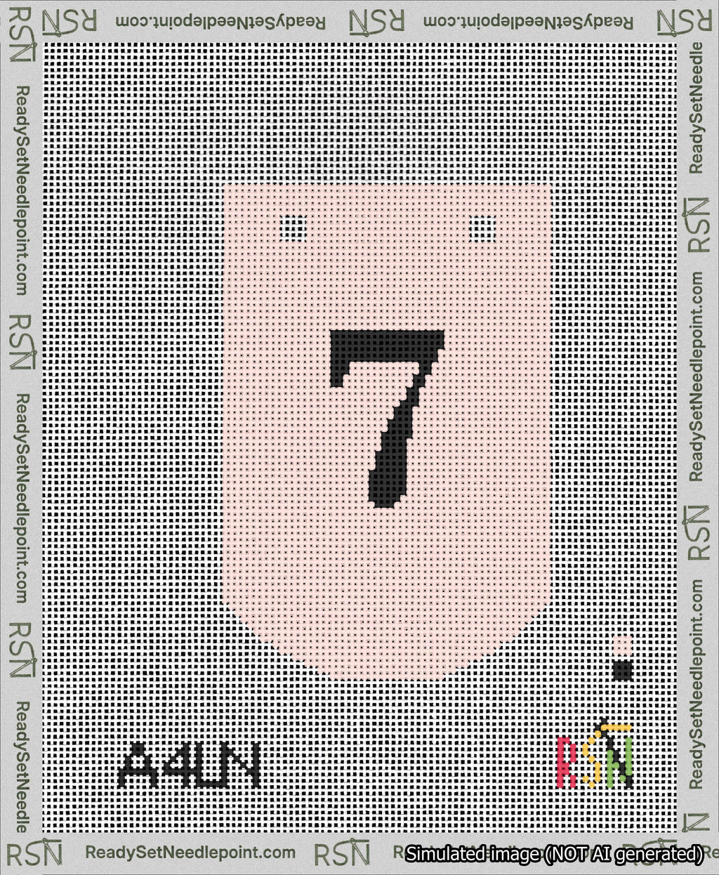 A taped needlepoint canvas with the design: Banner 13 mesh count Curved 7 Black on Pink.