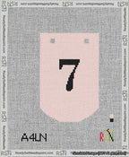 A taped needlepoint canvas with the design: Banner 13 mesh count Curved 7 Black on Pink.