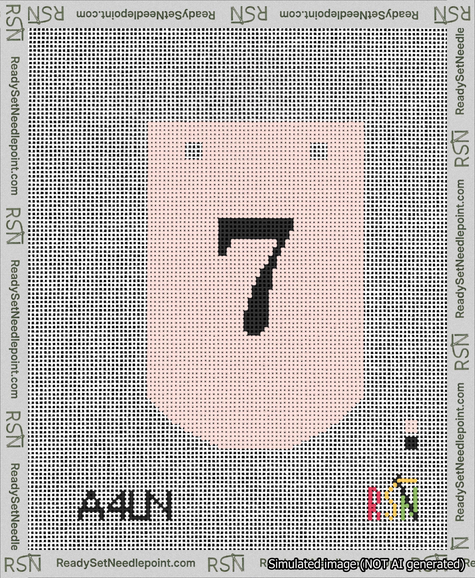 A taped needlepoint canvas with the design: Banner 13 mesh count Curved 7 Black on Pink.