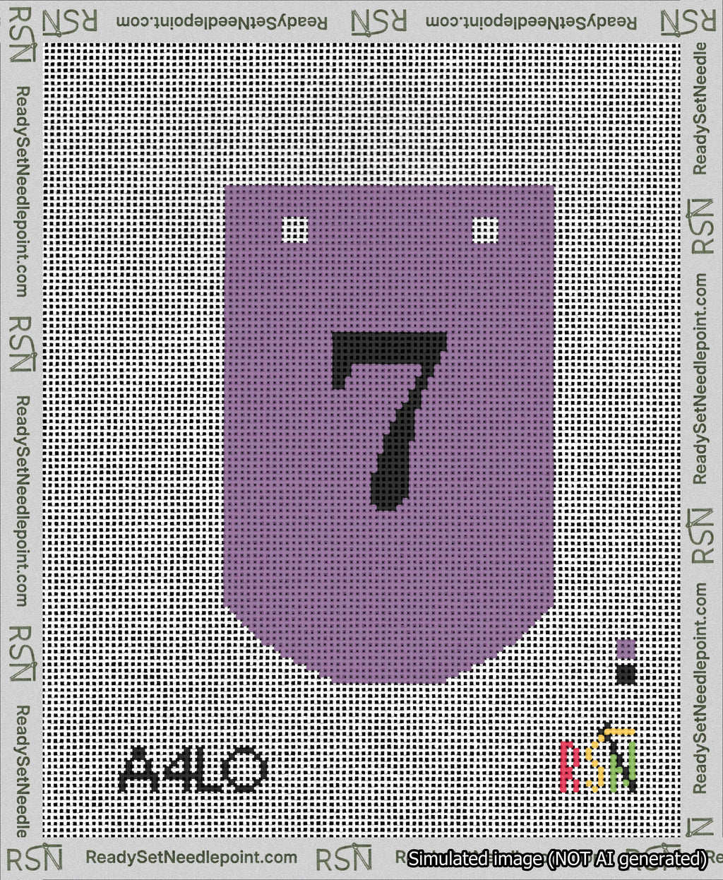 A taped needlepoint canvas with the design: Banner 13 mesh count Curved 7 Black on Purple.