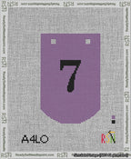 A taped needlepoint canvas with the design: Banner 13 mesh count Curved 7 Black on Purple.