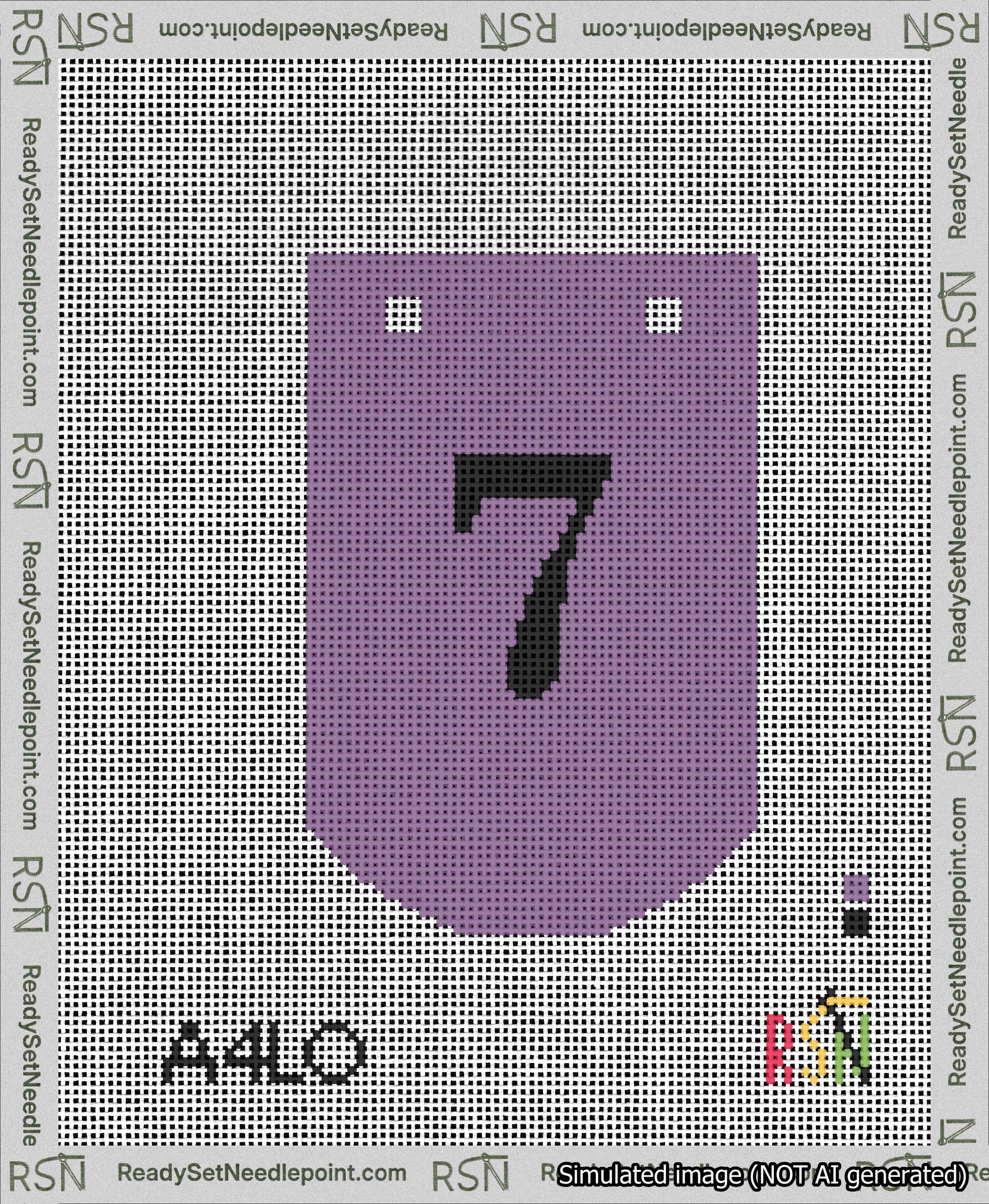 A taped needlepoint canvas with the design: Banner 13 mesh count Curved 7 Black on Purple.