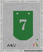 A taped needlepoint canvas with the design: Banner 13 mesh count Curved 7 White on Green.