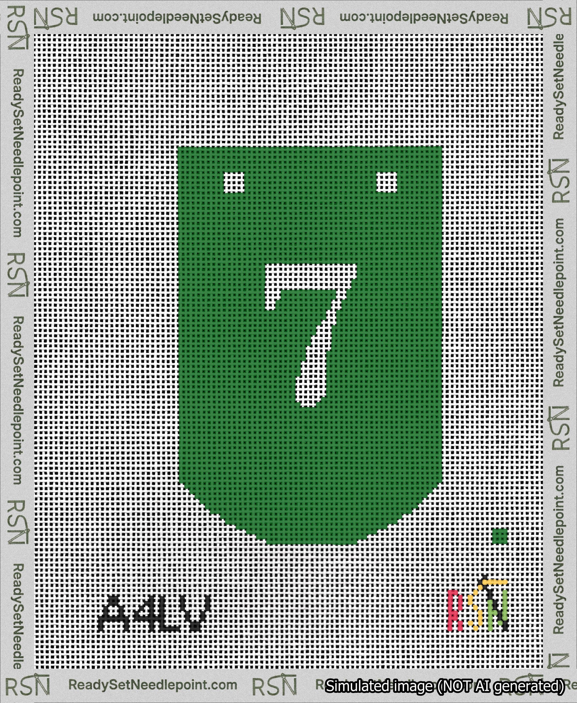 A taped needlepoint canvas with the design: Banner 13 mesh count Curved 7 White on Green.