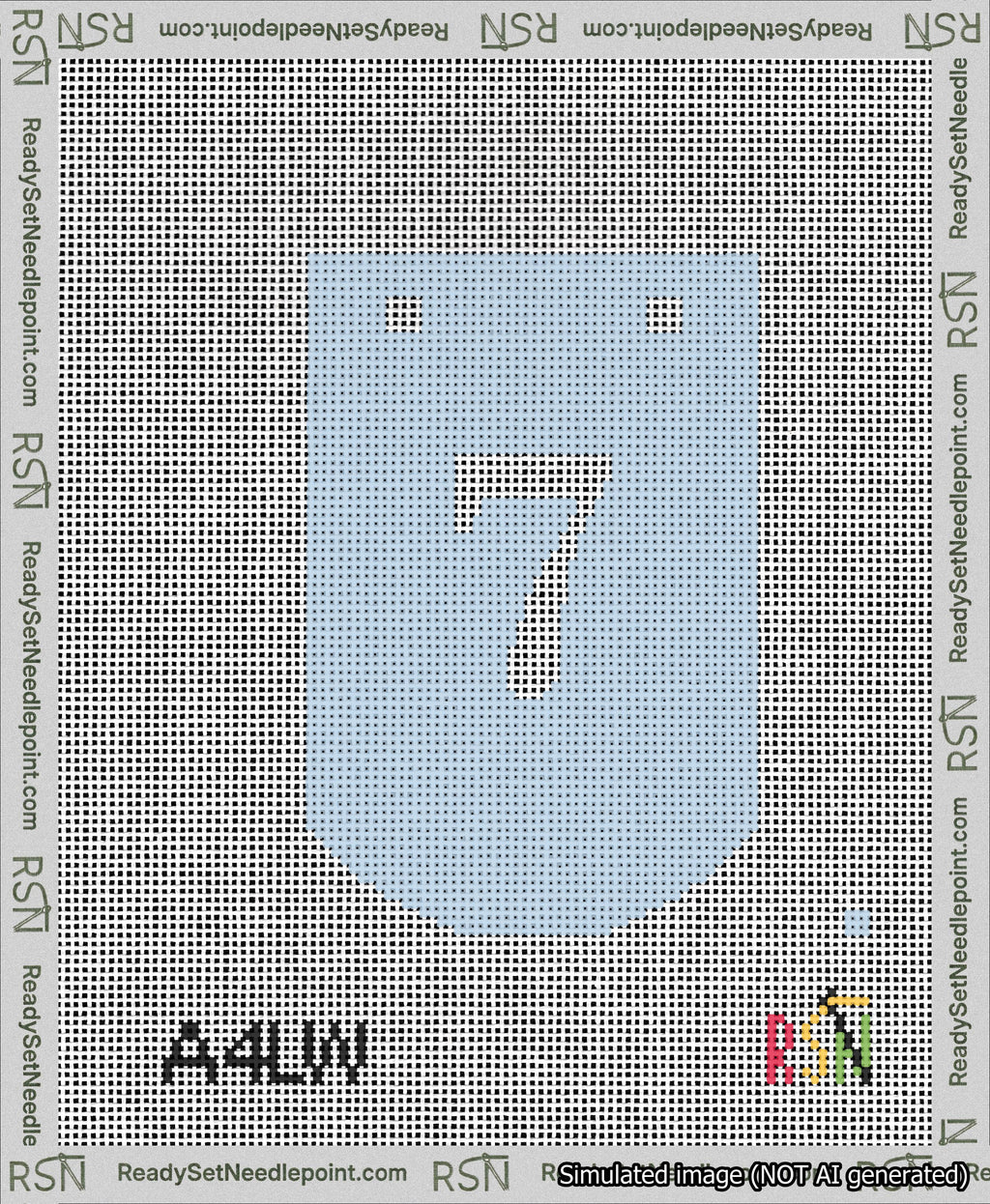 A taped needlepoint canvas with the design: Banner 13 mesh count Curved 7 White on Light Blue.