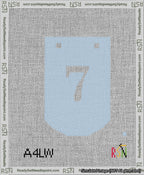 A taped needlepoint canvas with the design: Banner 13 mesh count Curved 7 White on Light Blue.