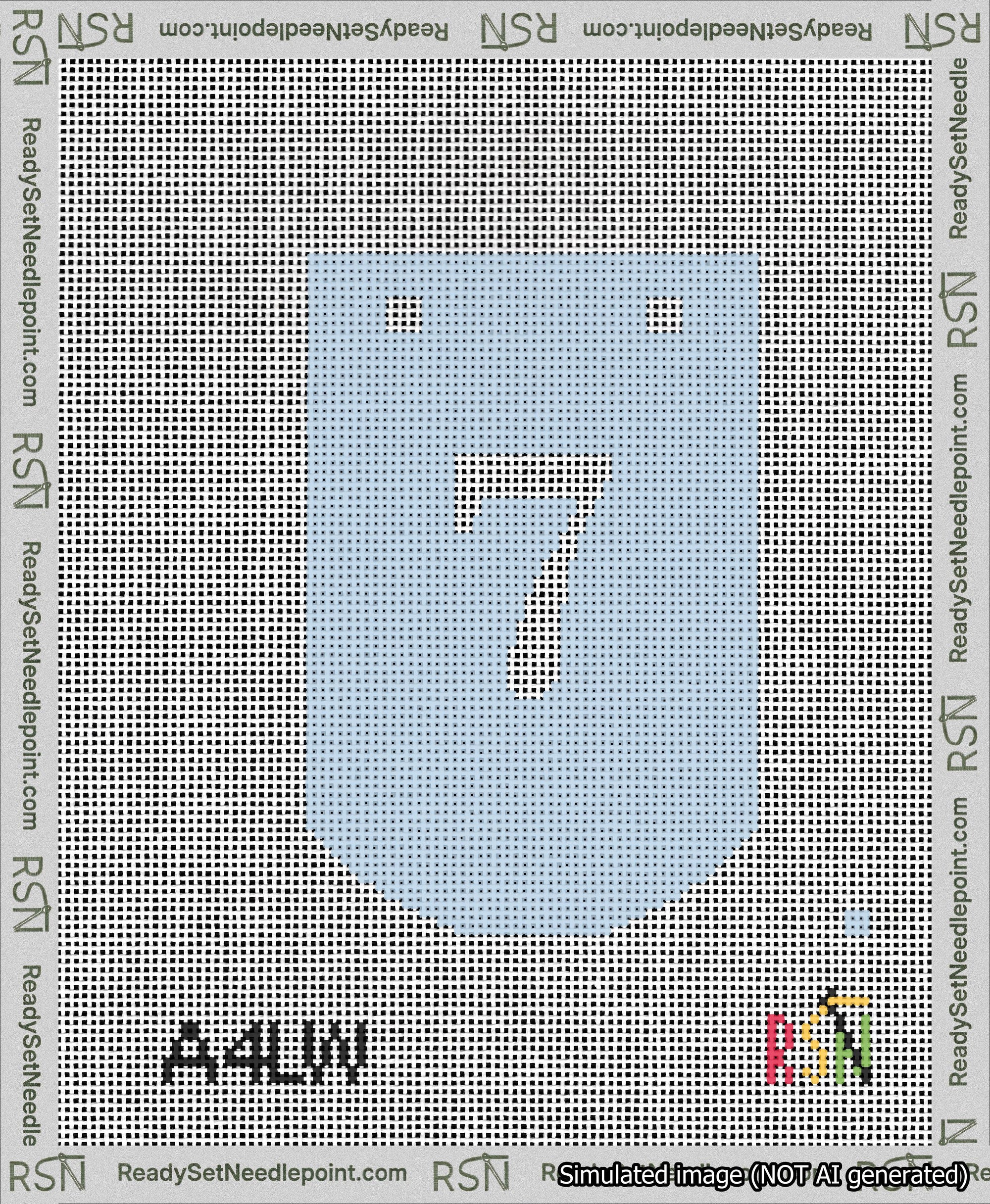 A taped needlepoint canvas with the design: Banner 13 mesh count Curved 7 White on Light Blue.