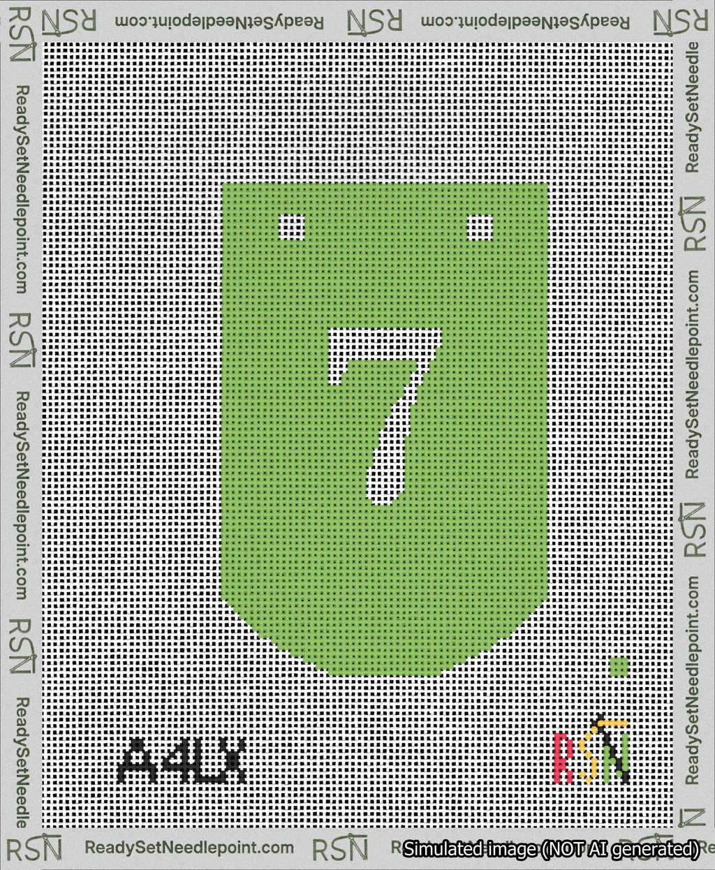 A taped needlepoint canvas with the design: Banner 13 mesh count Curved 7 White on Light Green.
