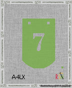A taped needlepoint canvas with the design: Banner 13 mesh count Curved 7 White on Light Green.