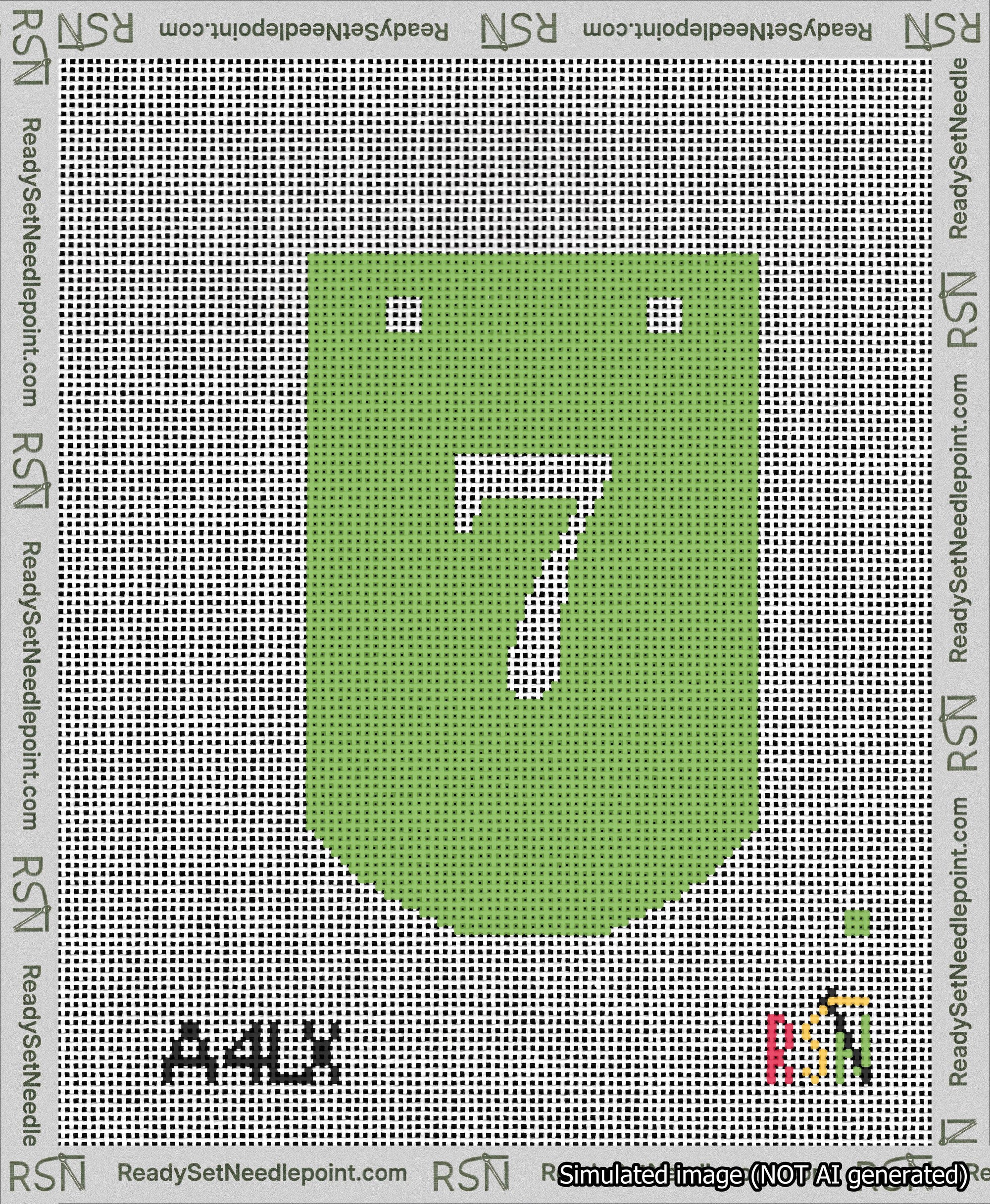 A taped needlepoint canvas with the design: Banner 13 mesh count Curved 7 White on Light Green.