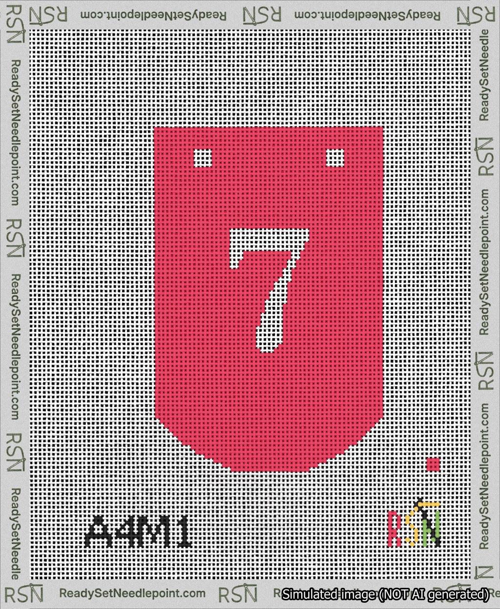 A taped needlepoint canvas with the design: Banner 13 mesh count Curved 7 White on Red.