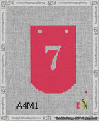 A taped needlepoint canvas with the design: Banner 13 mesh count Curved 7 White on Red.