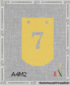 A taped needlepoint canvas with the design: Banner 13 mesh count Curved 7 White on Yellow.