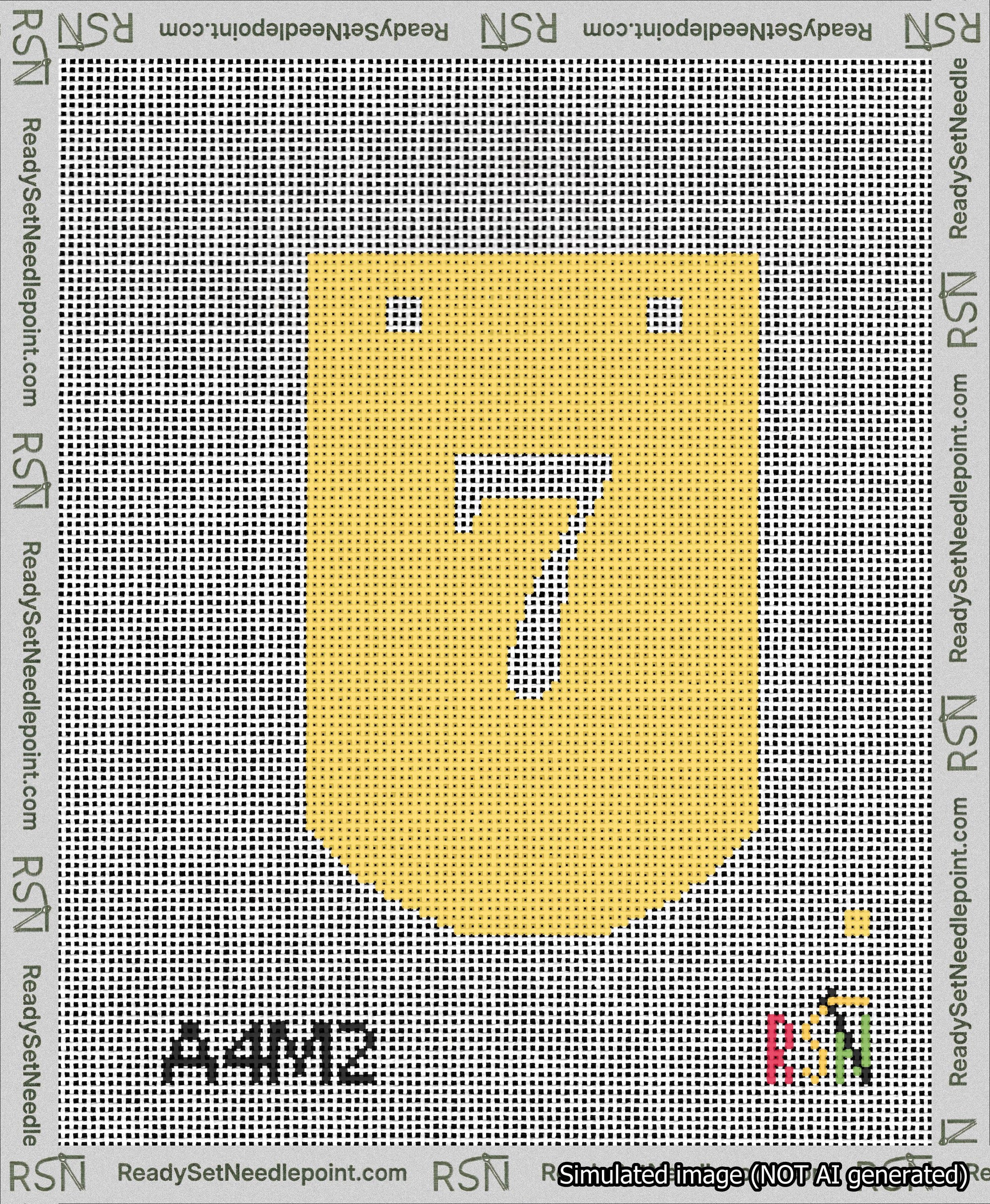 A taped needlepoint canvas with the design: Banner 13 mesh count Curved 7 White on Yellow.
