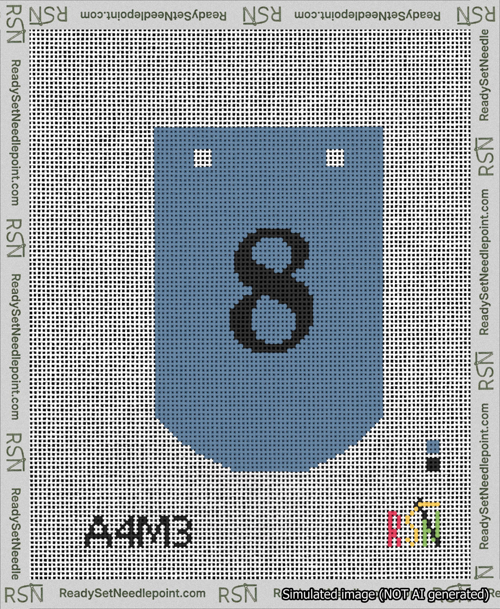A taped needlepoint canvas with the design: Banner 13 mesh count Curved 8 Black on Blue.