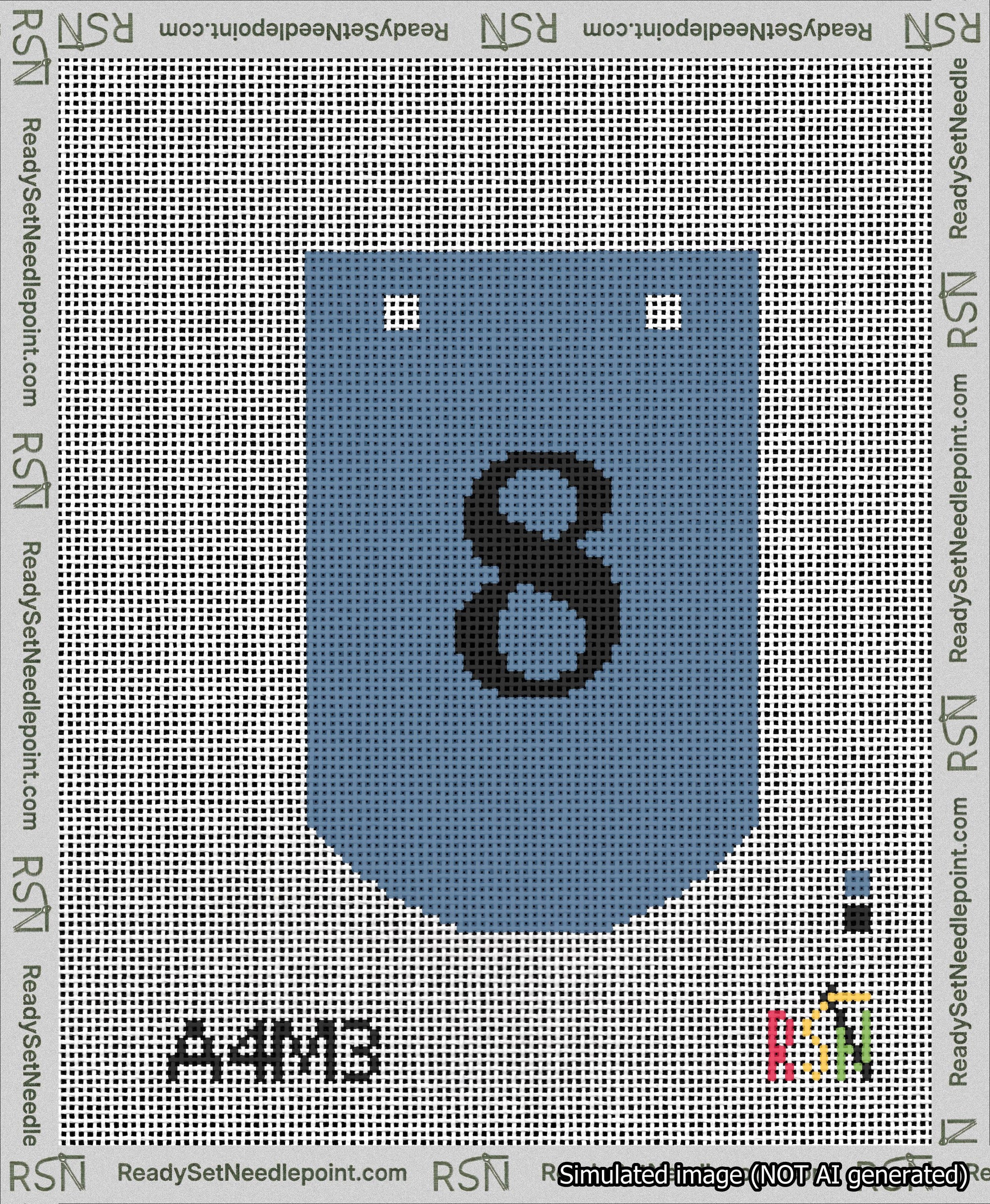 A taped needlepoint canvas with the design: Banner 13 mesh count Curved 8 Black on Blue.