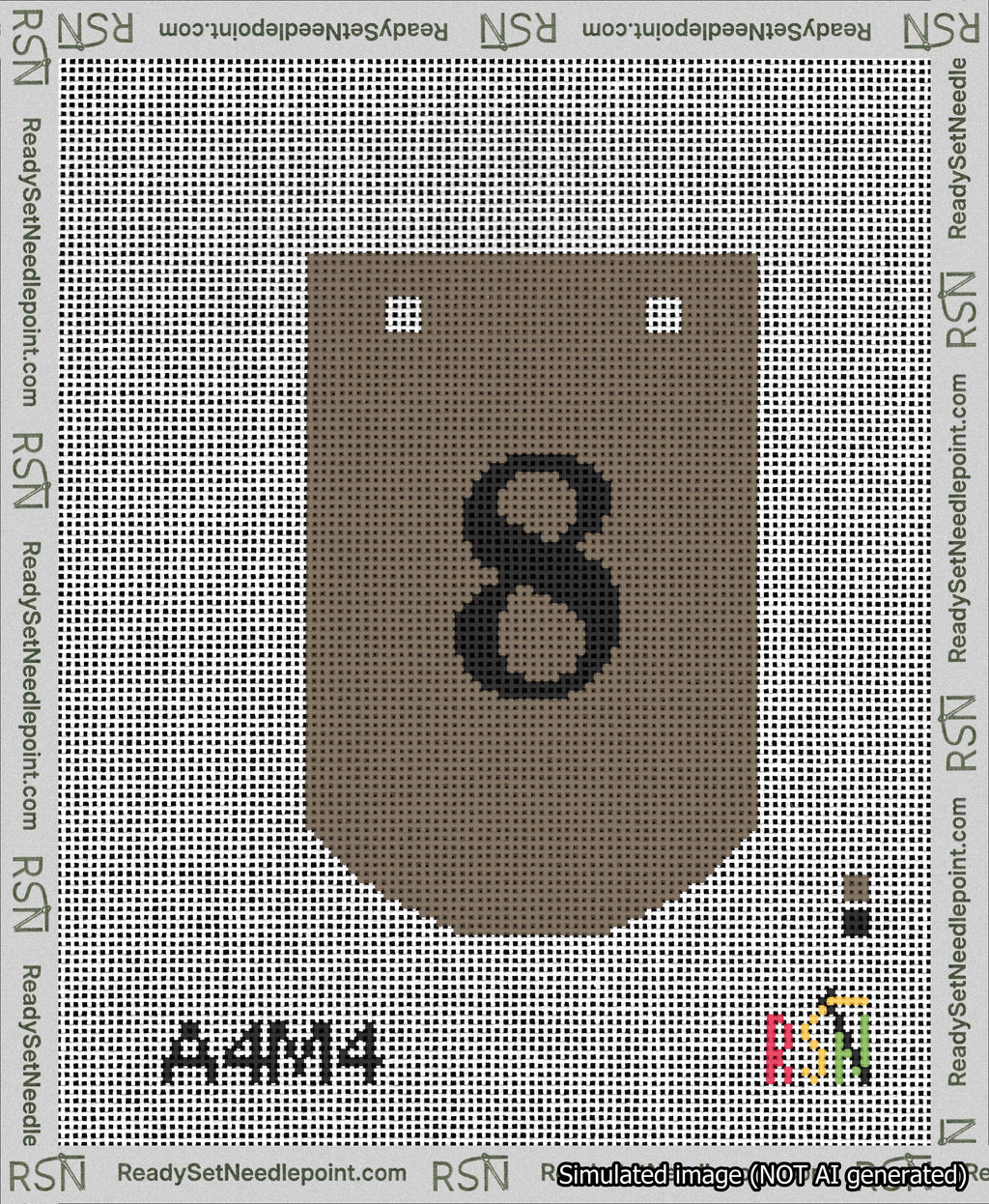 A taped needlepoint canvas with the design: Banner 13 mesh count Curved 8 Black on Brown.