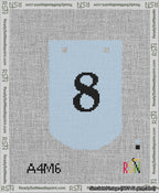 A taped needlepoint canvas with the design: Banner 13 mesh count Curved 8 Black on Light Blue.