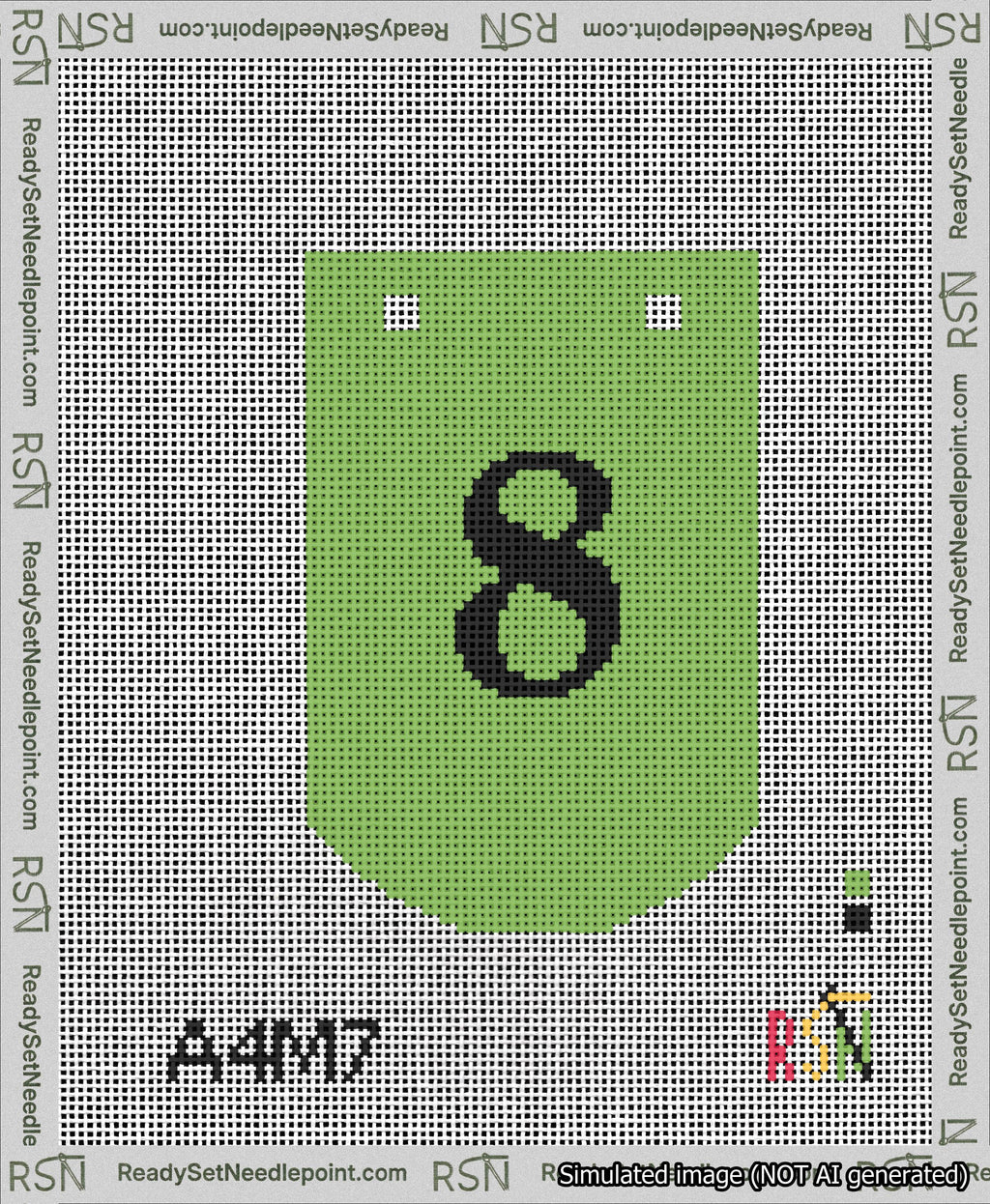 A taped needlepoint canvas with the design: Banner 13 mesh count Curved 8 Black on Light Green.