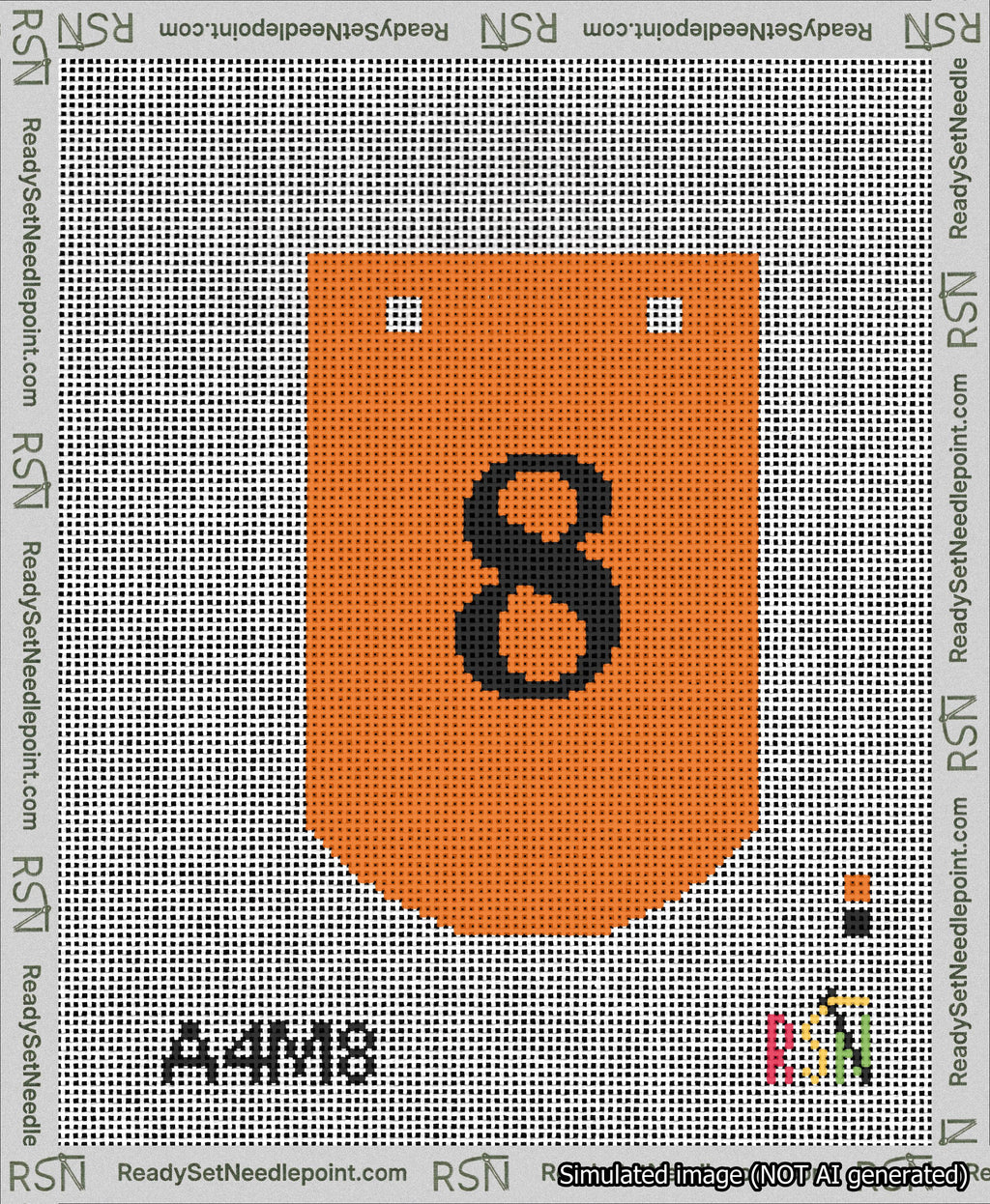 A taped needlepoint canvas with the design: Banner 13 mesh count Curved 8 Black on Orange.